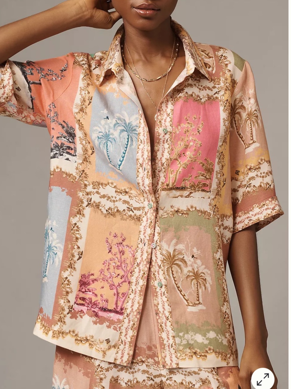 Ranna Gill Tropical Print Linen Blend Camp Shirt Blouse Size M